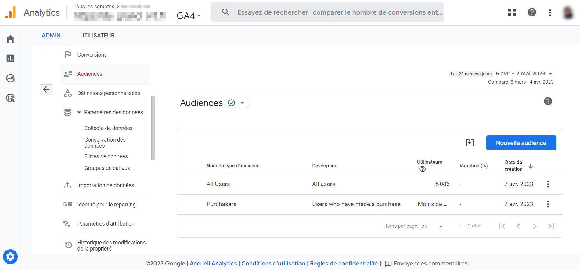 Onglet de création des audiences sur Google Analytics 4
