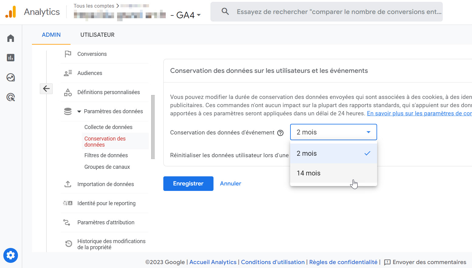 Onglet de conservation des données disponibles dans le panel "Conservation des données" de Google Analytics 4