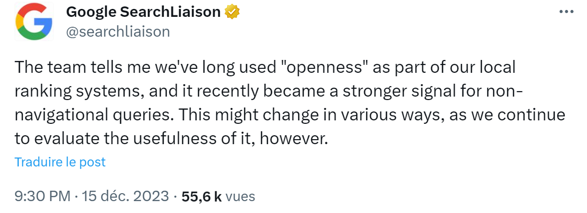 Tweet de Google Search Liaison (Danny Sullivan) au sujet des horaires d’ouverture comme étant un critère de ranking.