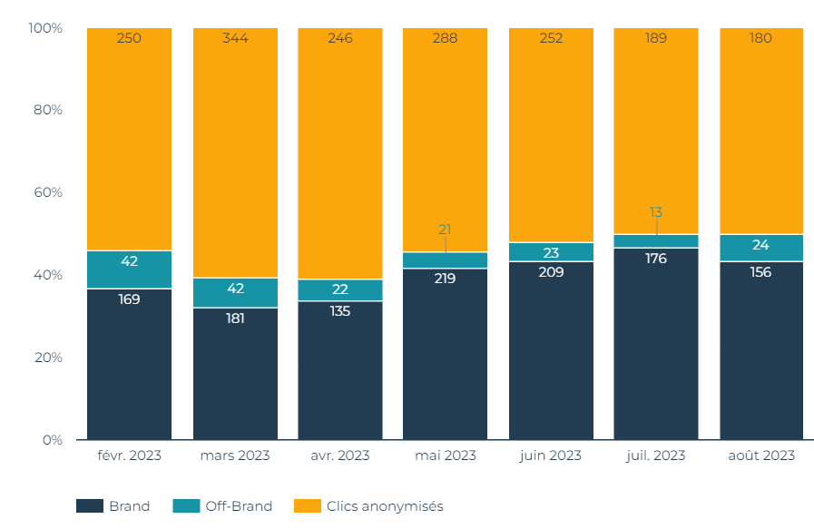 Graphique des performances SEO marque, hors marque, et requêtes anonymisées de Data Valorisation