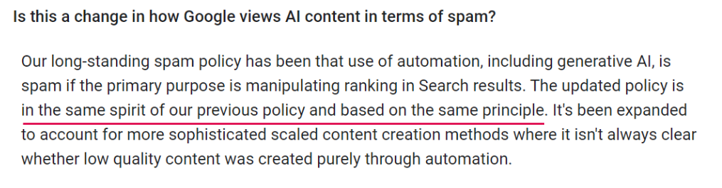Extrait de l'article de Google précisant que les contenus produits par des IA génératives ne sont considérées comme spam que si ont pour but de fourvoyer l'algorithme