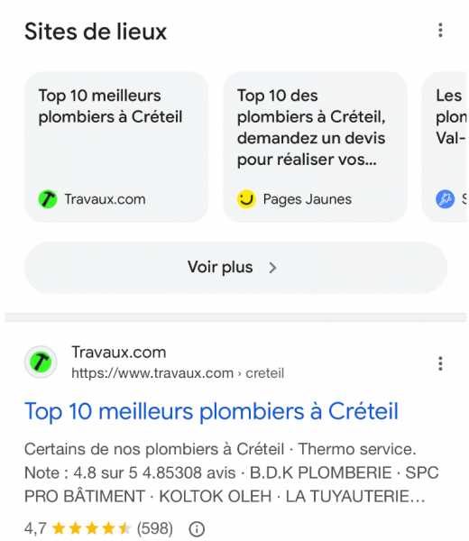 Exemple d'affichage du carrousel sur Google mobile (requête "plombier creteil")