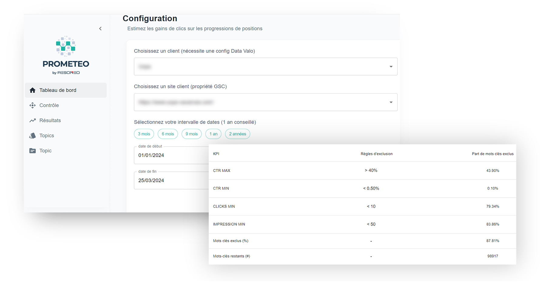 Page de configuration de Prometeo, outil de prédiction de gains SEO développé par RESONEO 