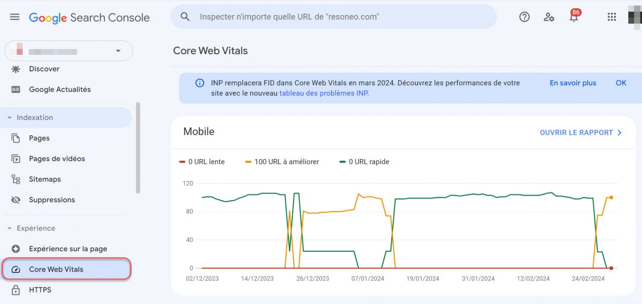 Rapport Google Search Console sur les Core Web Vitals