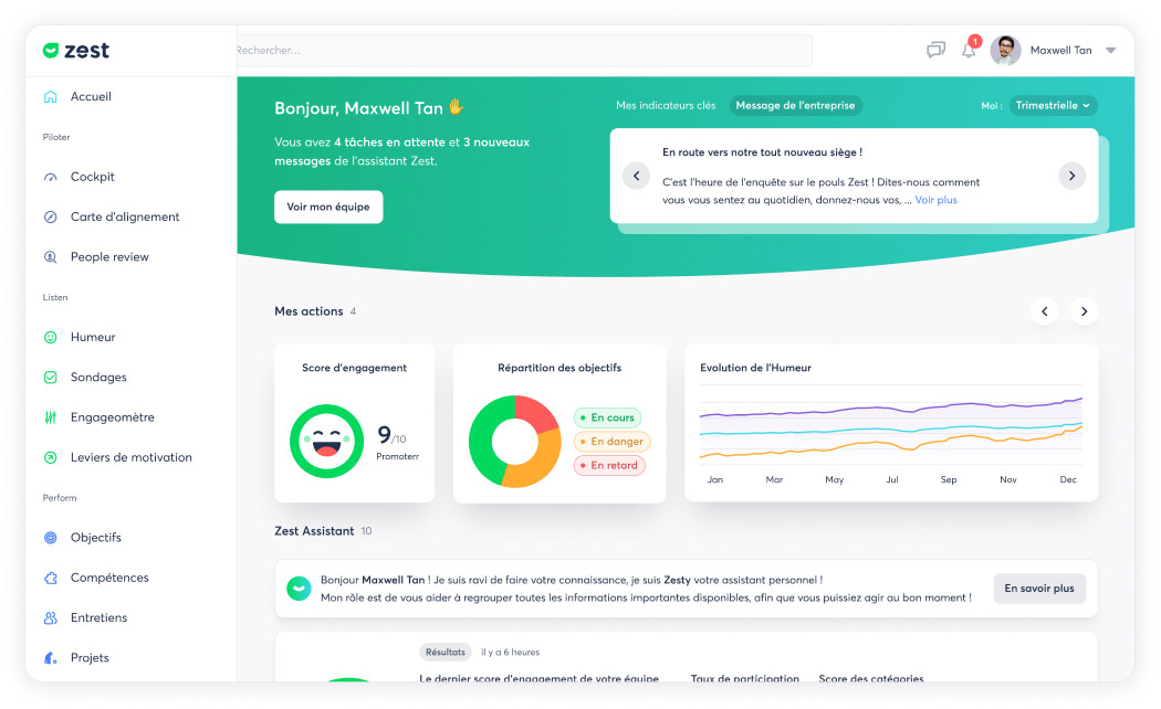 Page d'accueil du dashboard de l'outil Zest, spécialiste de l'accompagnement SIRH pour l'engagement collaborateur en France et à l'international
