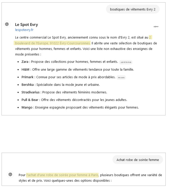 Exemple de personnalisation d'une réponse Search GPT en fonction de l'historique de localisation géographique dans le contexte de la conversation