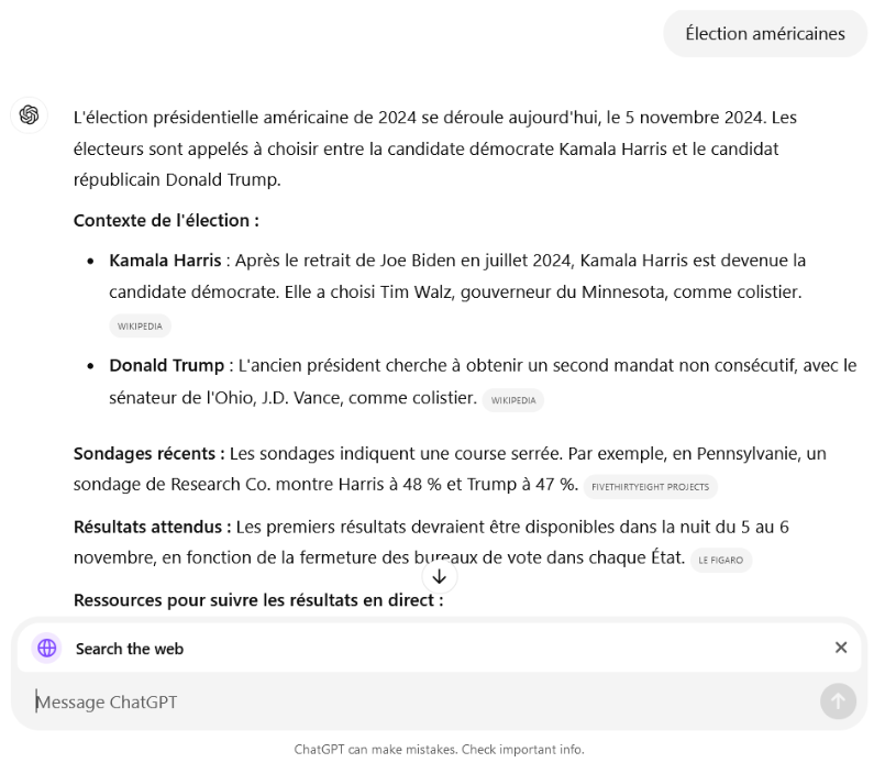 Exemple d'une recherche sur ChatGPT Search sur un sujet d'actualités