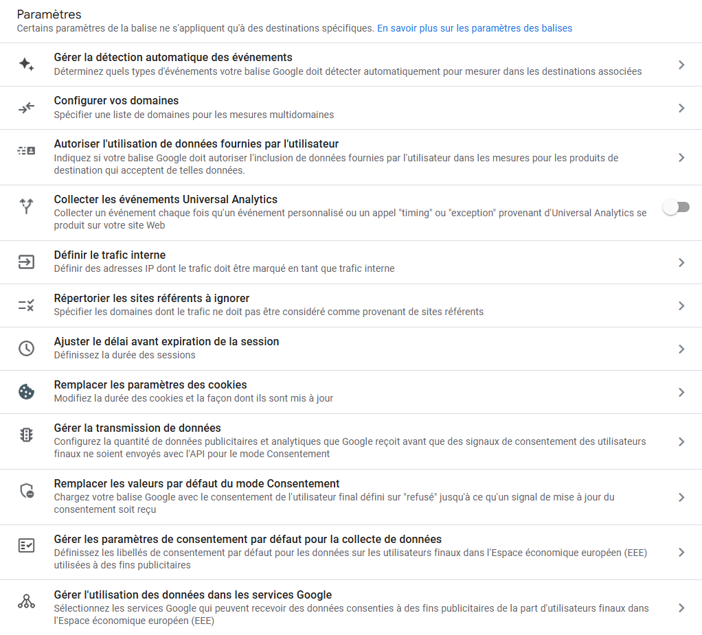 Liste des paramètres des balises Google Tag Manager