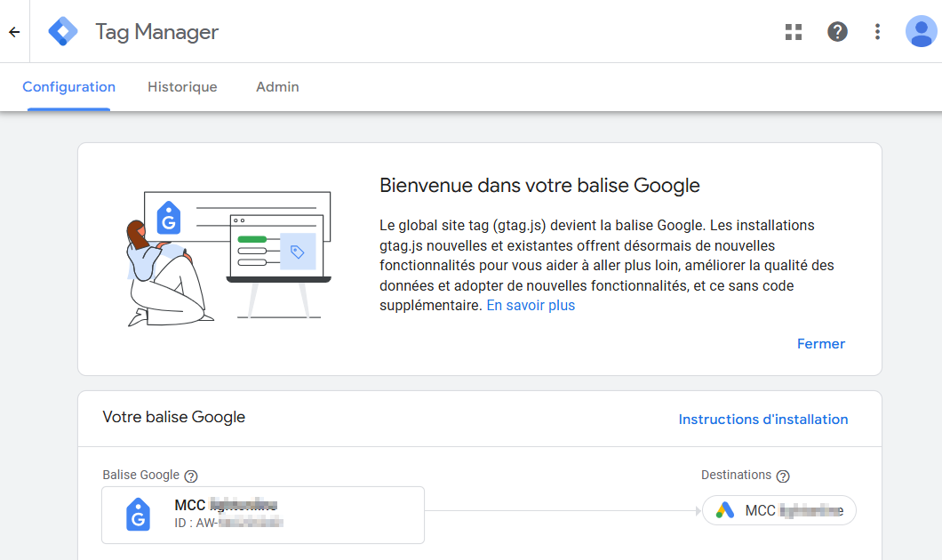 Onglet configuration de Google Tag Manager