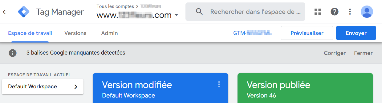 Bannière de notification Google Tag Manager informant sur les balises Google manquantes