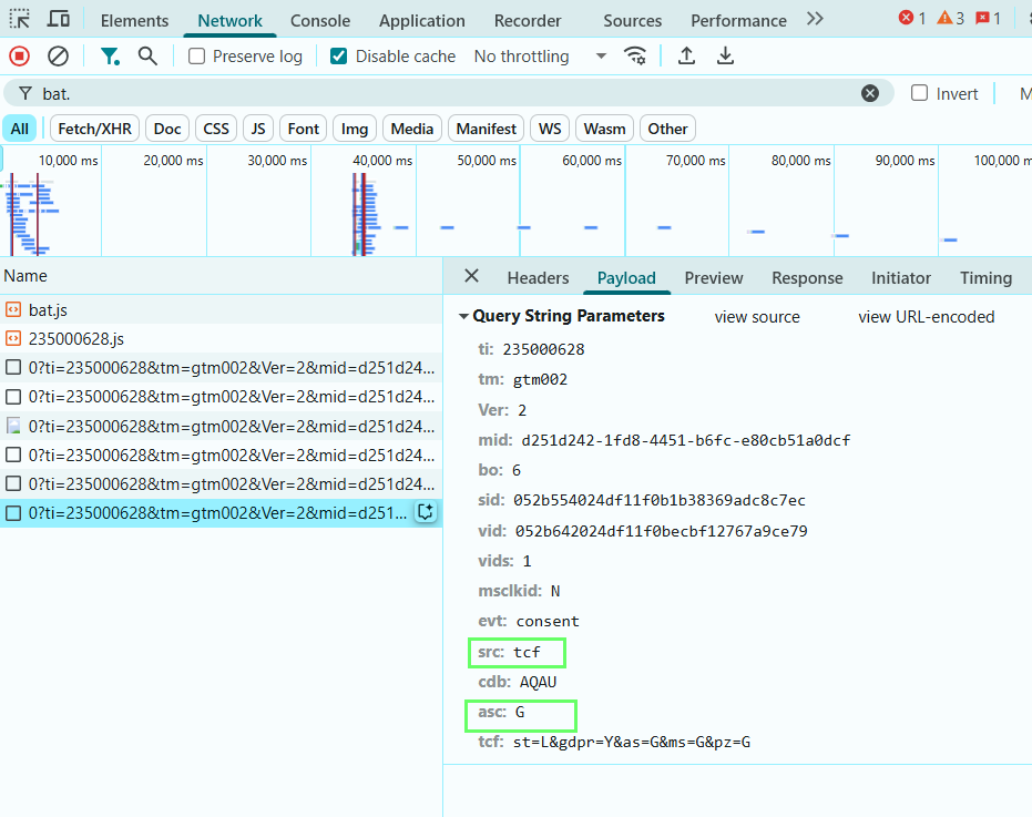 Consentement accordé avec la méthode TCF, visible ici via Chrome Devtools