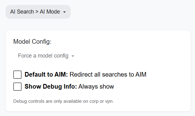 AI mode debug popup Google