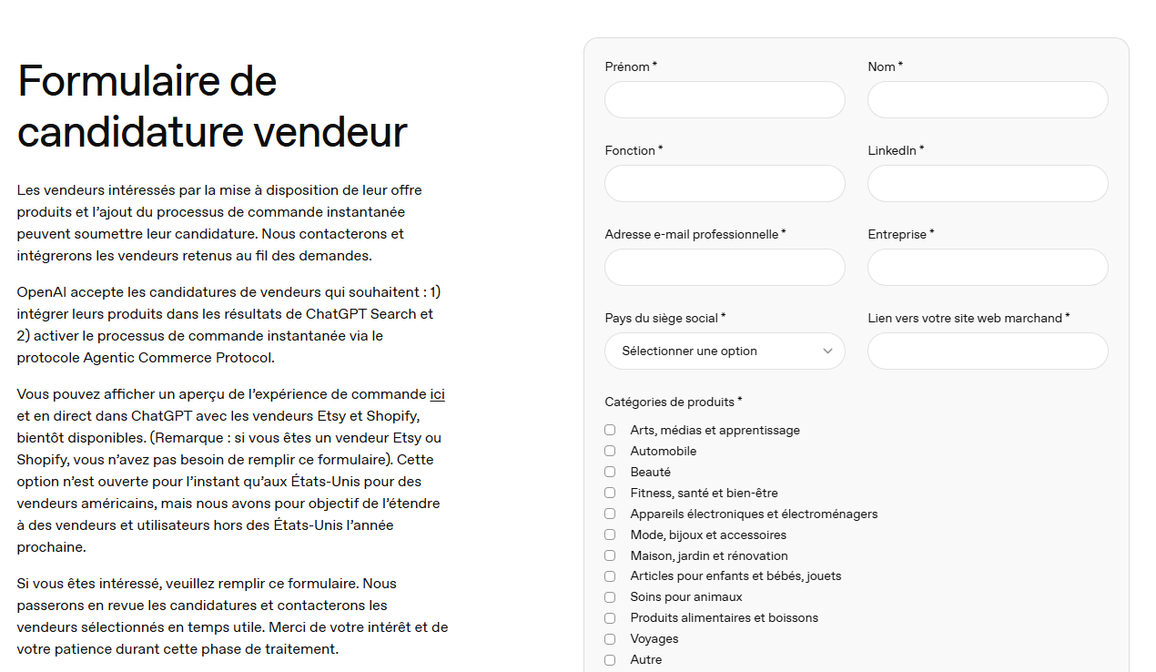 Formulaire de candidature vendeur d'OpenAI pour les e-marchands souhaitant être éligibles à la fonctionnalité Instant Checkout