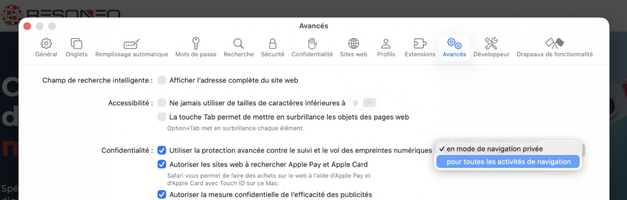 option à cocher par les utilisateurs Safari 26