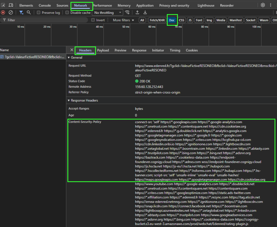 Exemple d'erreur CSP remontée dans l'onglet network de l'outil Web Developper