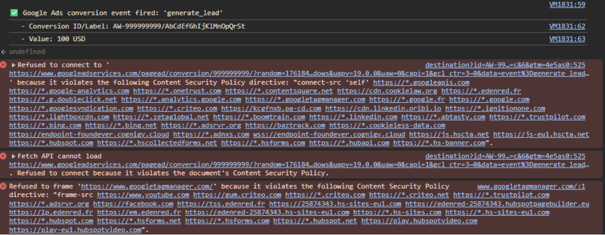 Test d'erreur CSP Google Ads