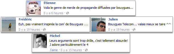 Des commentaires acerbes sur la page Facebook de Bouygues Télécom suite à l'annonce du lancement de Free Mobile