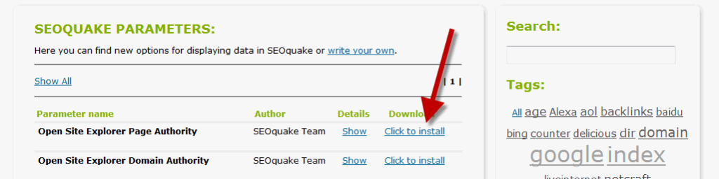 Installation des paramètres Open Site Explorer en un clic depuis le site SEOquake