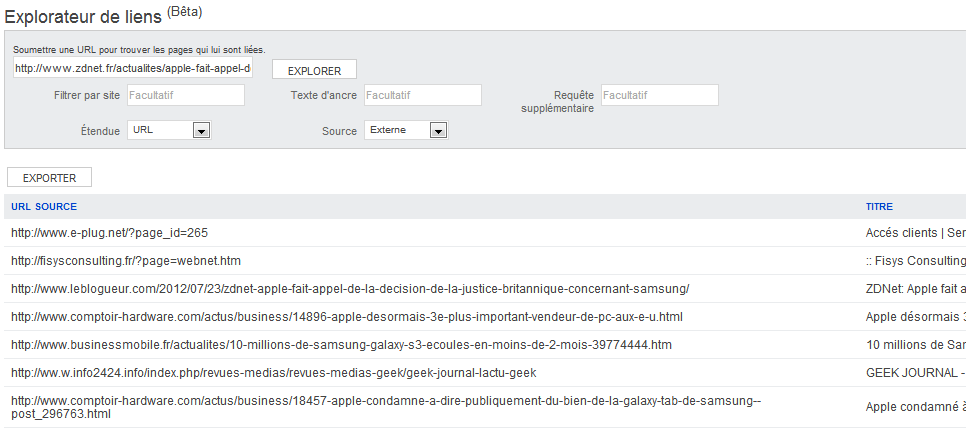 Bing Webmaster Tools : détail de liens d'une URL de ZDNet