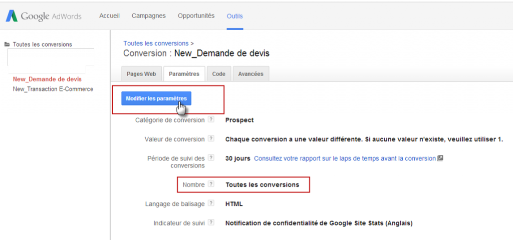 Modification des conversions