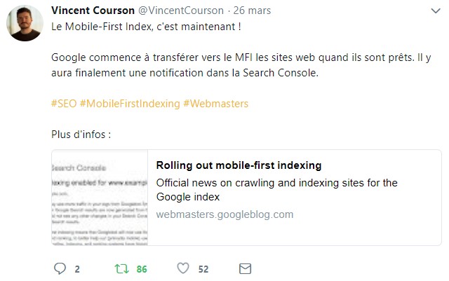 Tweet de Vincent Courson Google sur l'index mobile first