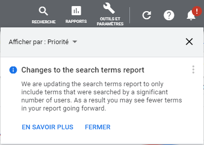Notification de changement dans les rapports de requêtes Google Ads