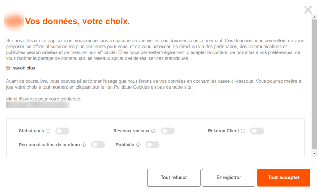 Nouvelle bannière publicitaire concernant les cookies publicitaires, a priori conforme aux nouvelles règles imposées par la CNIL