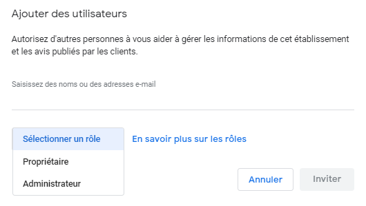 Google My Business, attribution des rôles